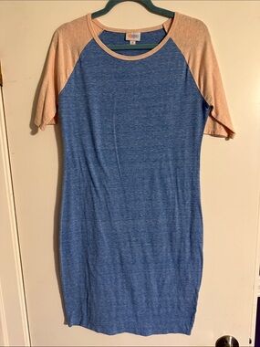 LuLaRoe Blue Body with Peach Raglan Sleeve Midi Dress